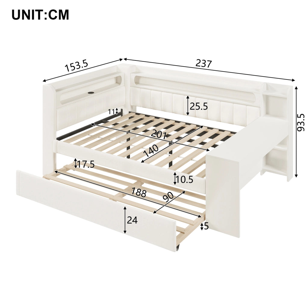 Letto da giorno imbottito 140x200 cm con LED, USB e scrivania