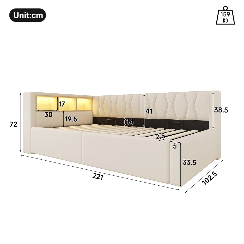 Letto contenitore 90x200 cm con LED dimmerabile; testiera con ripiano e prese USB; beige