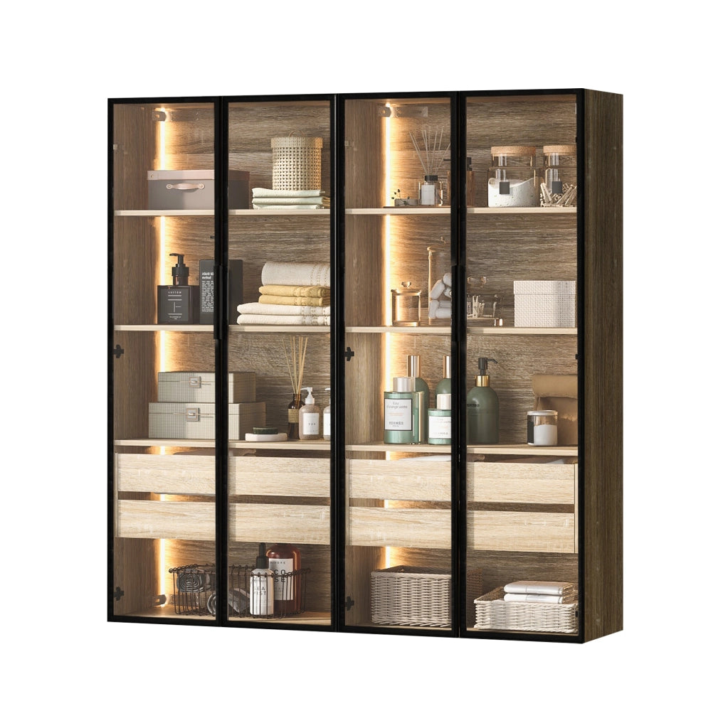 Mobile da bagno a 2 elementi con LED; ante in vetro satinato; MDF; colore naturale