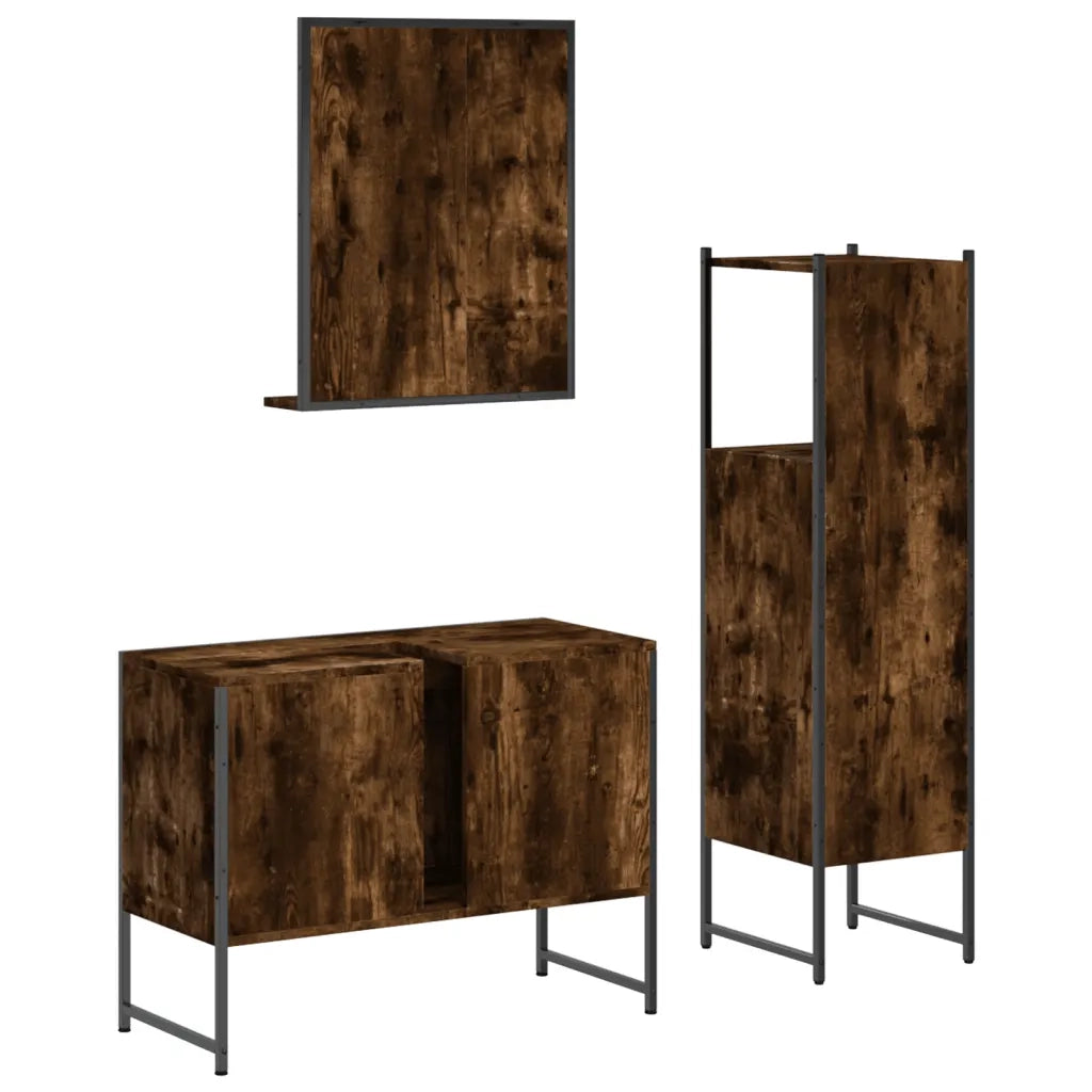 Set Mobili da Bagno | Armadio da bagno 3 pz Rovere Fumo in Legno Multistrato