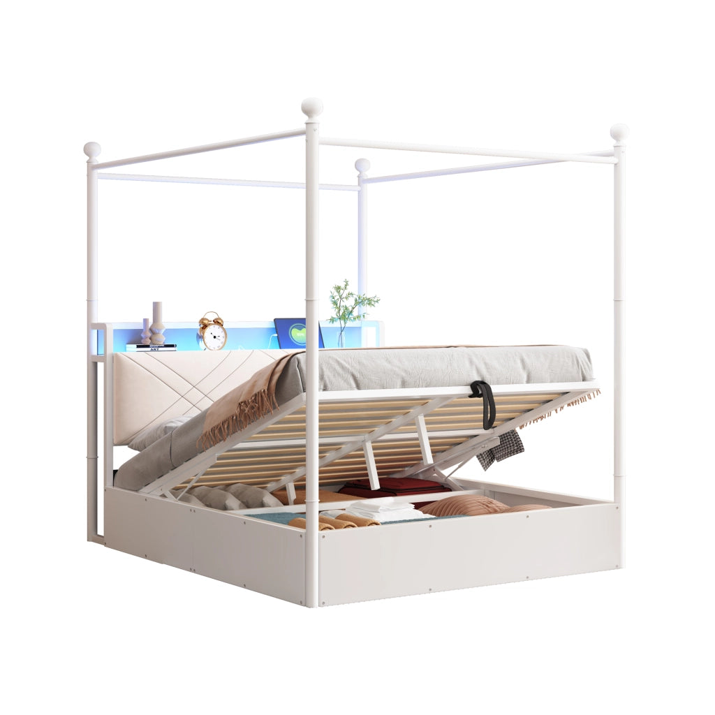 Letto Contenitore 140x190 cm con LED; USB; Type-C e Baldacchino rimovibile; Bianco