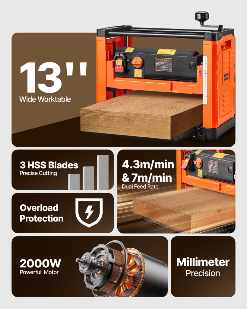 Pialla a Spessore da Banco M1B-LS-3305 2000W Larghezza 330mm 2 Velocita per Legno Duro e Tenero Fai da Te Officina