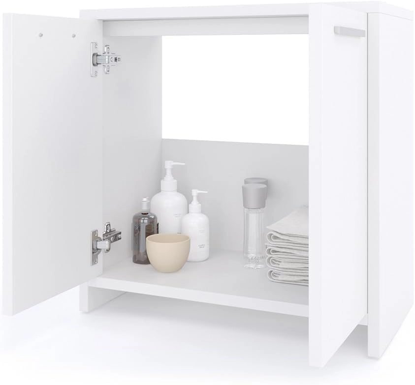 Mobile sottolavabo per bagno Kiko, Bianco, 58 x 60 cm, con ritaglio per sifone e spazio di stoccaggio per l’organizzazione del bagno