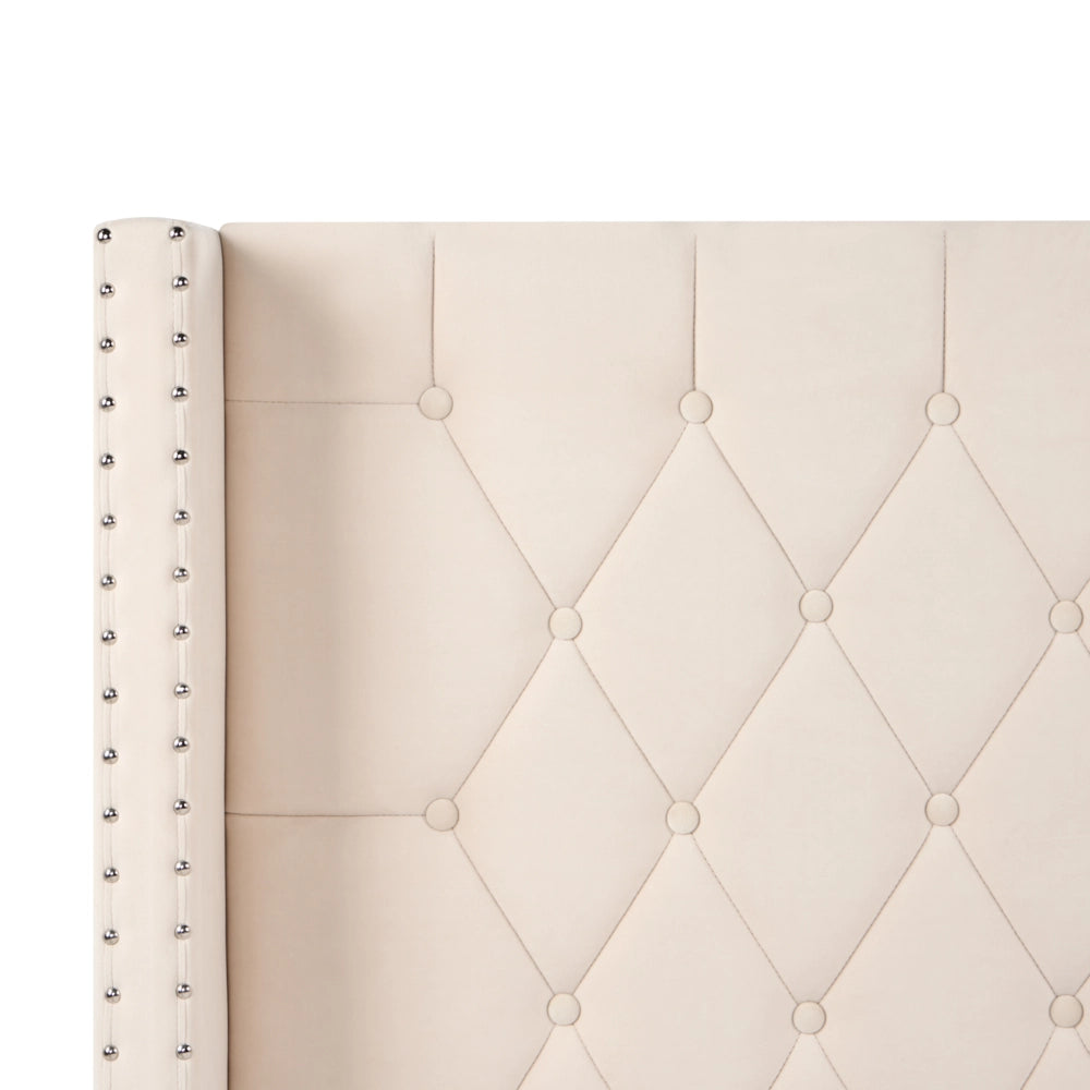 Letto con rete in velluto bottonato, elegante, bianco sporco, 180 x 200 cm