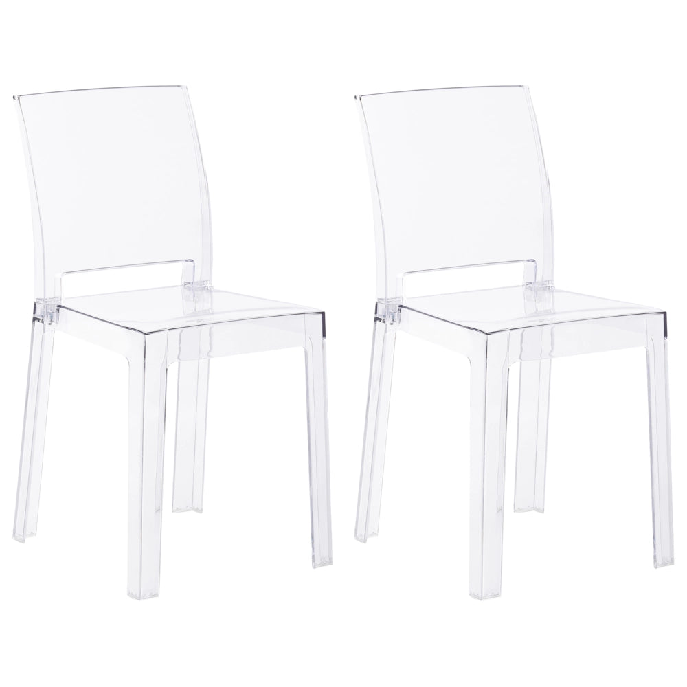 Set di 2 sedie da pranzo in materiale sintetico trasparente, senza braccioli, impilabili dal design moderno