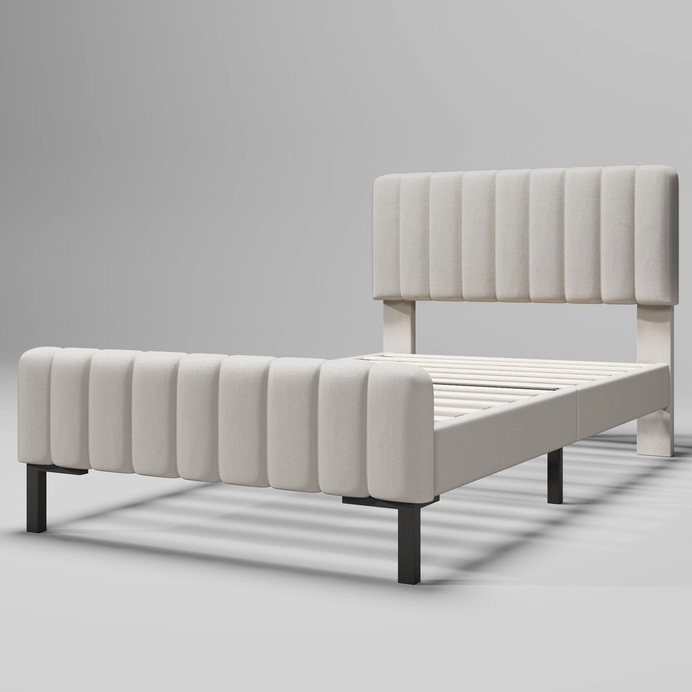 Letto Singolo Imbottito con Testiera Regolabile ¨C MINIMAL ¨C Grigio Beige, Tessuto Lino, 90x200