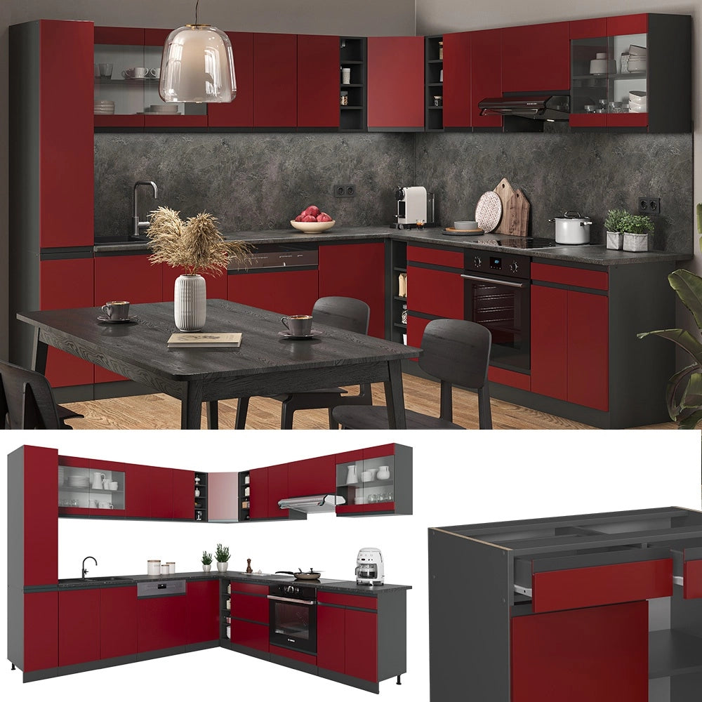 Cucina angolare completa R-Line Rosso/Antracite 277 x 257 cm Forma a J, senza piano di lavoro Vicco