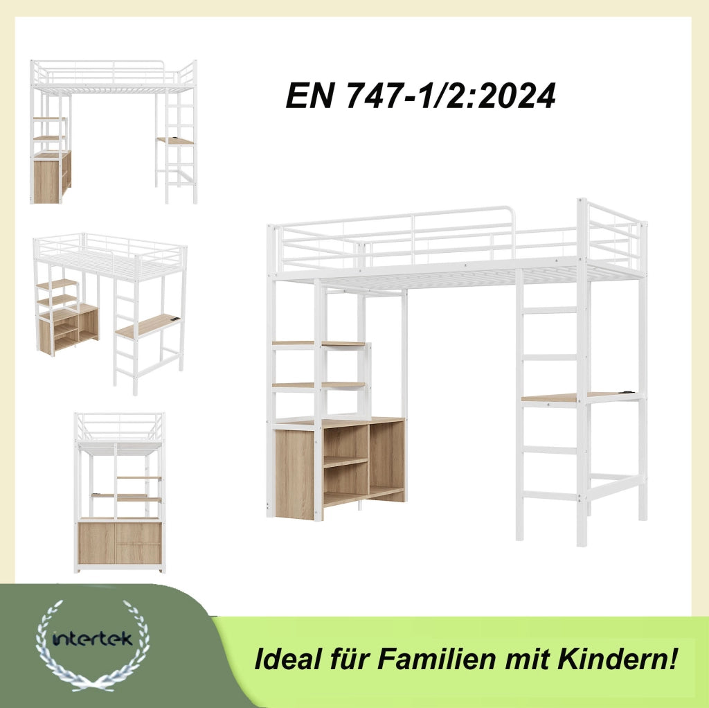 Letto a soppalco 90x200 cm con scrivania, prese USB e ripiani