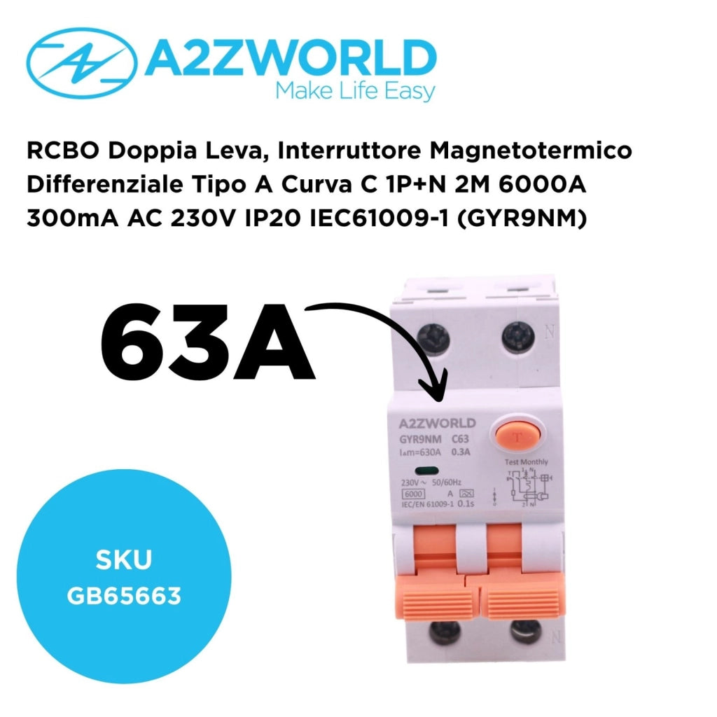 RCBO Doppia Leva, Interruttore Magnetotermico Differenziale Tipo A Curva C 1P+N 2M 6000A 300mA AC 230V IP20 IEC61009-1 GYR9NM, Disponibili 40A 50A 63A (C63A)