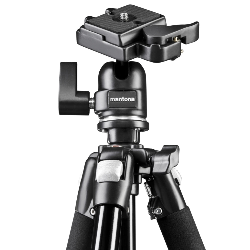 Mantona Basic Scout Max Set Treppiede fotografico, treppiede per fotocamera fino a 160 cm + braccio di estensione, testa a sfera colonna centrale reversibile
