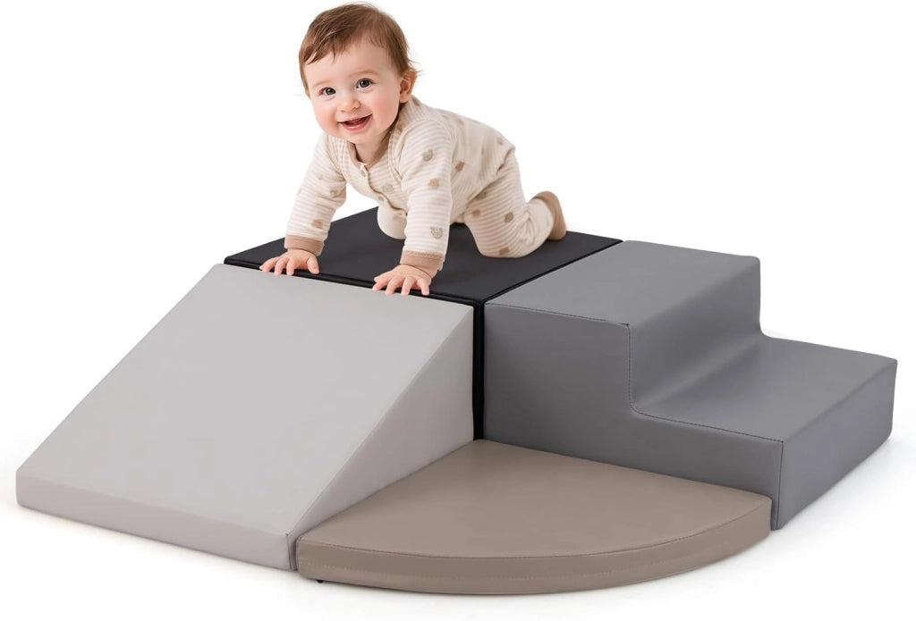 Set di Blocchi in Schiuma per Bambini 4 Pezzi, Set di Costruzioni Morbide in PU + EPE per Sviluppo dei Bambini, Gioco Attivo Interno per Arrampicarsi e Gattonare (Blu)