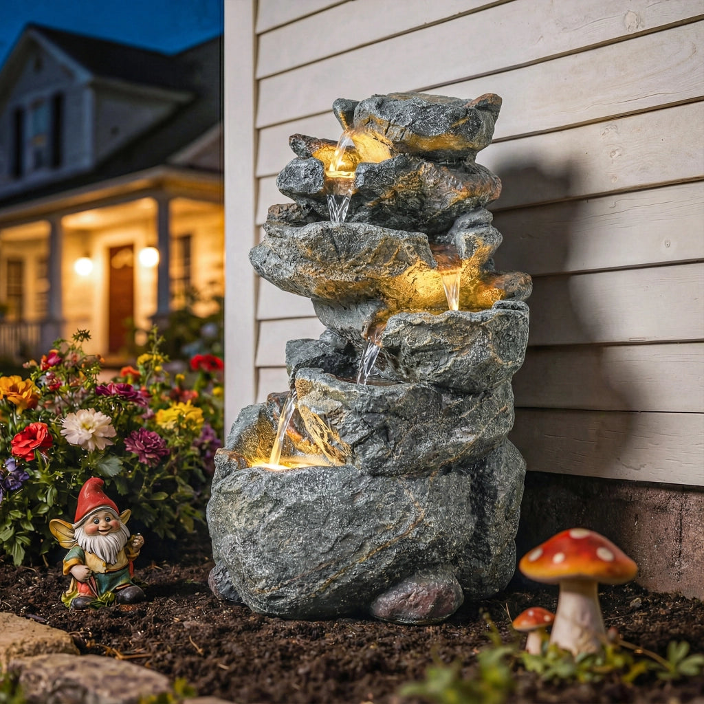 Fontana da Giardino Zen 6 Livelli Cascata ¨C Xylo ¨C Resina Effetto Pietra Naturale Grigio 33x27x53cm
