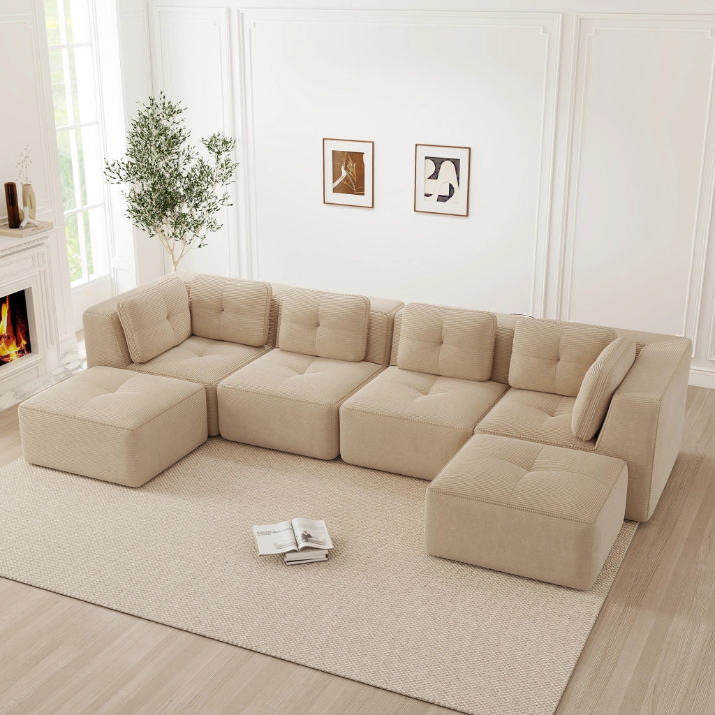 Divano angolare modulare senza montaggio con seduta profonda e piedini antiscivolo in velluto beige