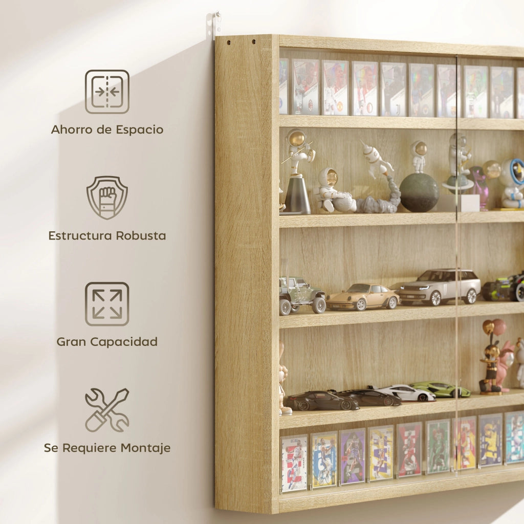 Libreria a muro con ante scorrevoli in vetro e ripiani regolabili ¨C zephmum ¨C 80x60x9,5 cm rovere