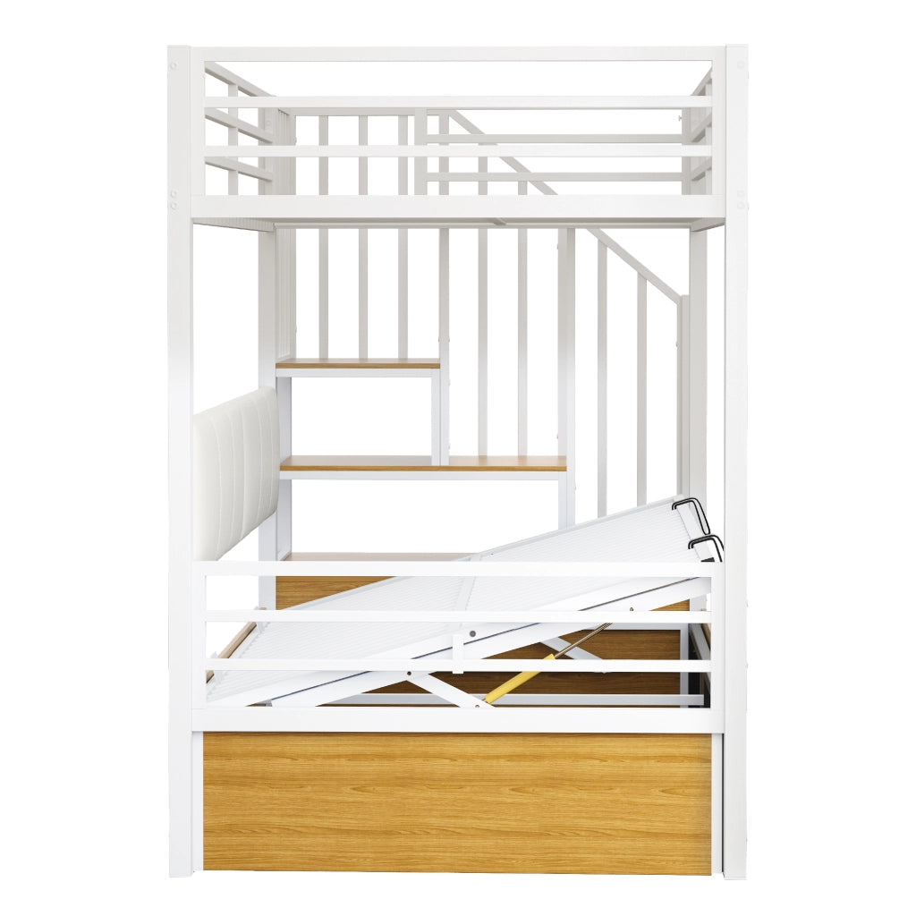 Letto a castello 90 × 200 cm con scala contenitore, vano con sollevamento idraulico, senza materasso, bianco