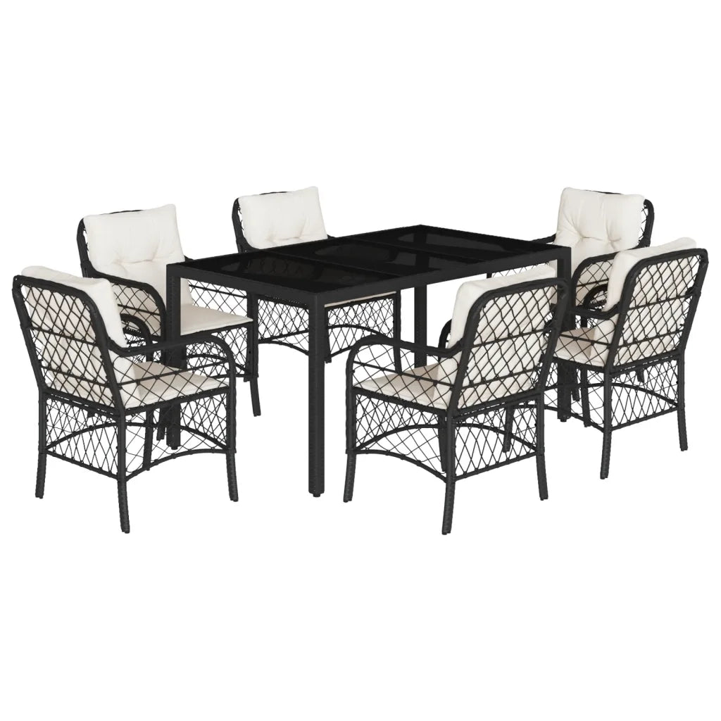Set da Pranzo da Giardino 7 pz Nero con Cuscini in Polyrattan