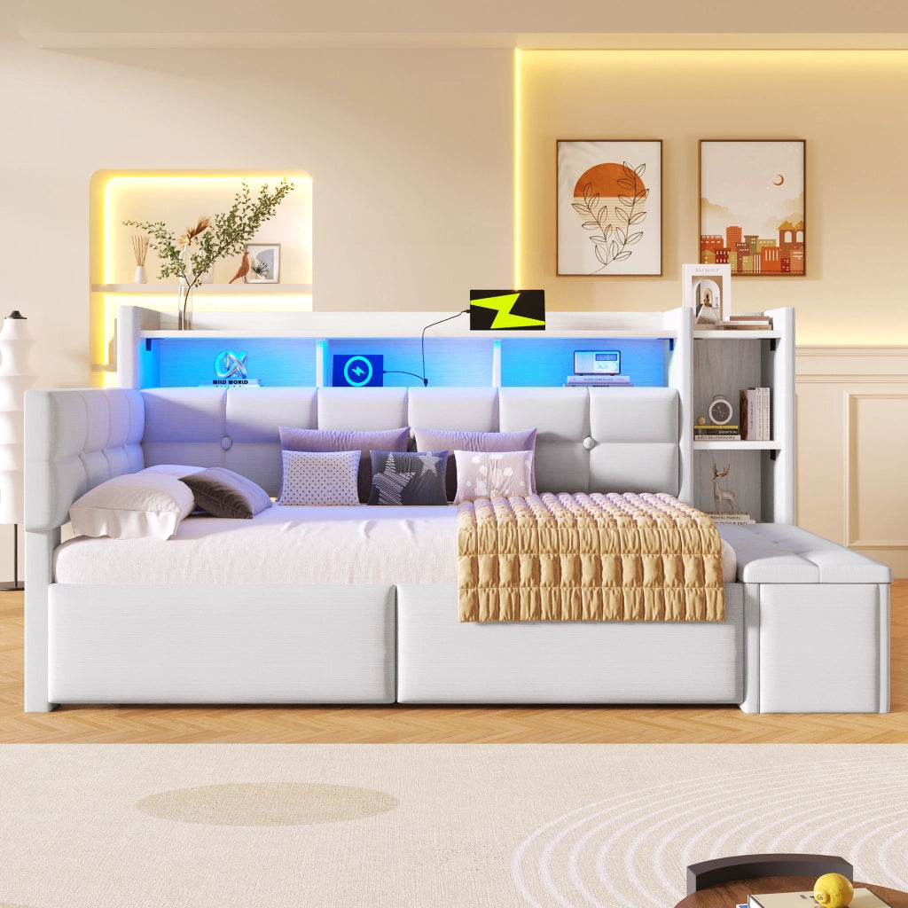 Letto Diurno con Cassetti, LED e USB ¨C MINIMAL ¨C Velluto Bianco 90x190