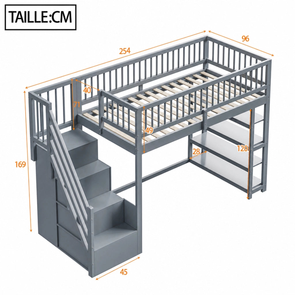 DESMIU Letto a soppalco Letto singolo 1 posto con armadio, vani e scala di sicurezza 90 × 200 cm senza materasso