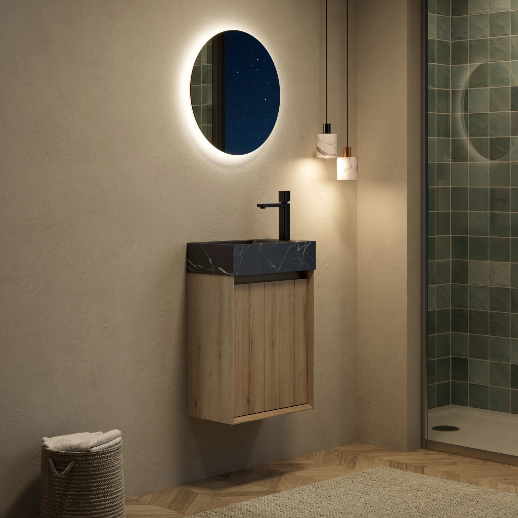 LAVABO bagno integrato in marmo nero e rovere bianco, compatto