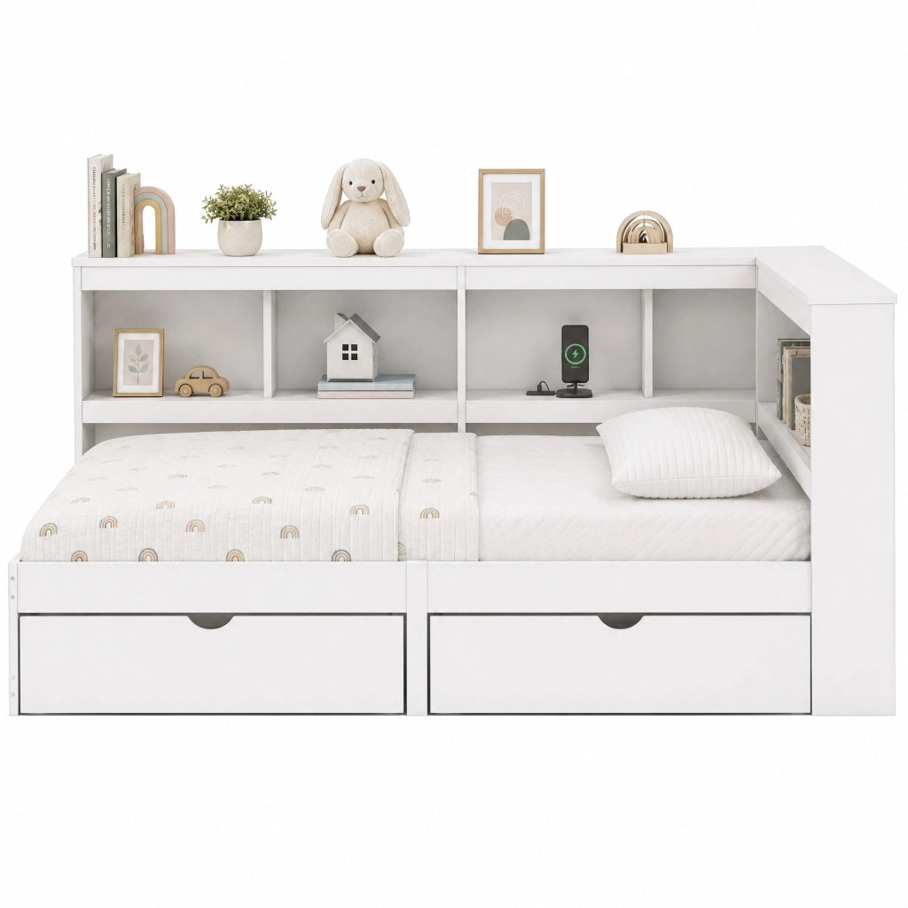 Divano letto 90 x 200 cm bianco con 2 cassetti, presa e 2 porte USB
