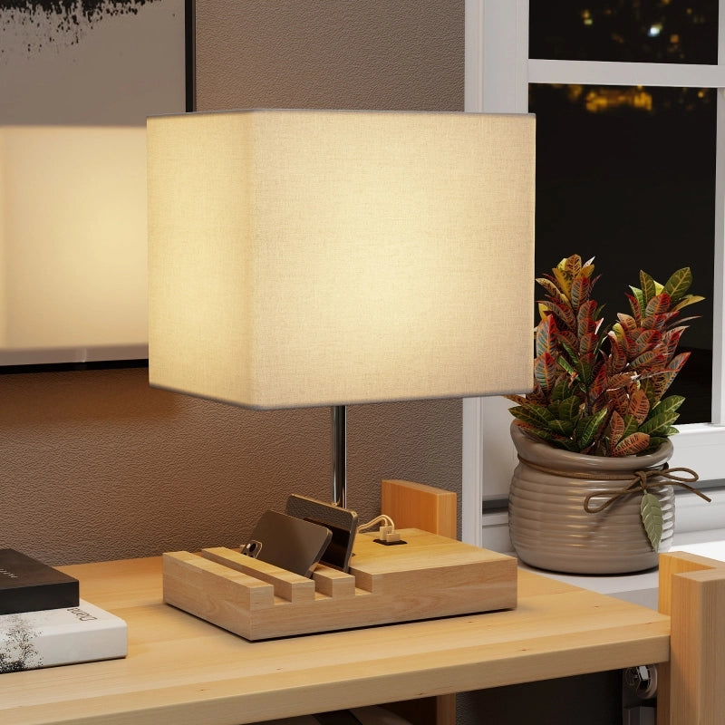 Lampada da comodino, porte USB, legno, tessuto, interruttore a bilanciere, vani portaoggetti, bianco