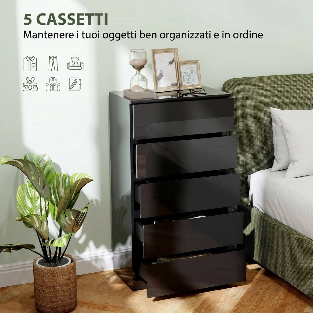 Cassettiera 5 Cassetti 55x34x100 cm Design Moderno e Multiuso in Legno Nero