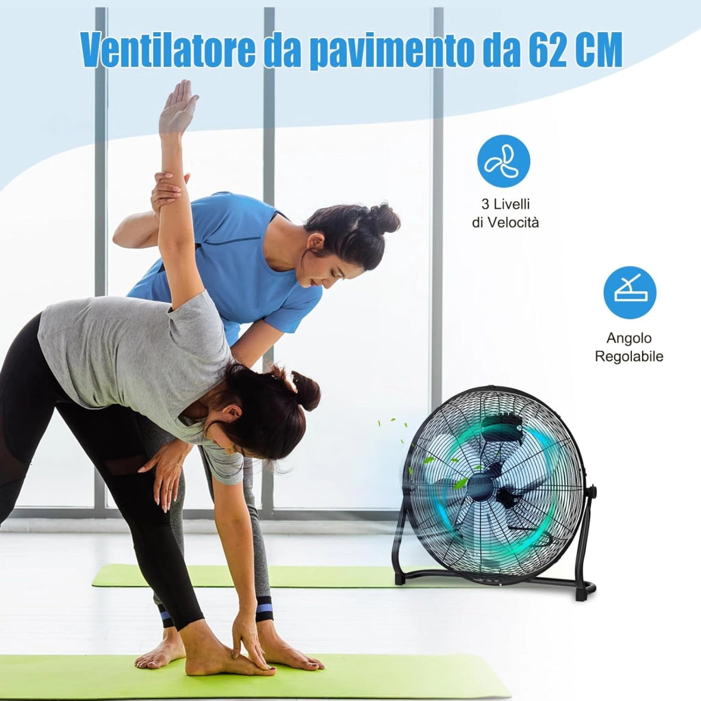 Ventilatori da Pavimento 62 X 20 X 59 CM, 3 Velocità di Vento Regolabili, Ventilatore Industriale in Metallo, Angolo di Inclinazione 145°, per Magazzino, Officina, Cantina, Ufficio (Nero)