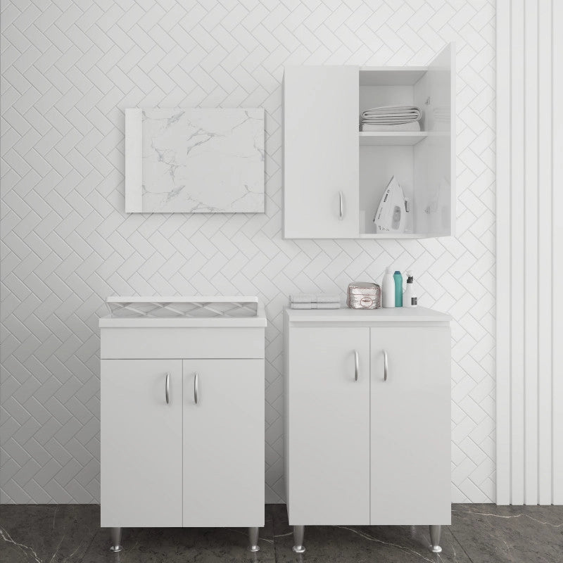 Mobile lavanderia con lavatoio in nobilitato idrofugo 60x50, base 2 ante, pensile e specchio 45x60  Bianco  Negrari