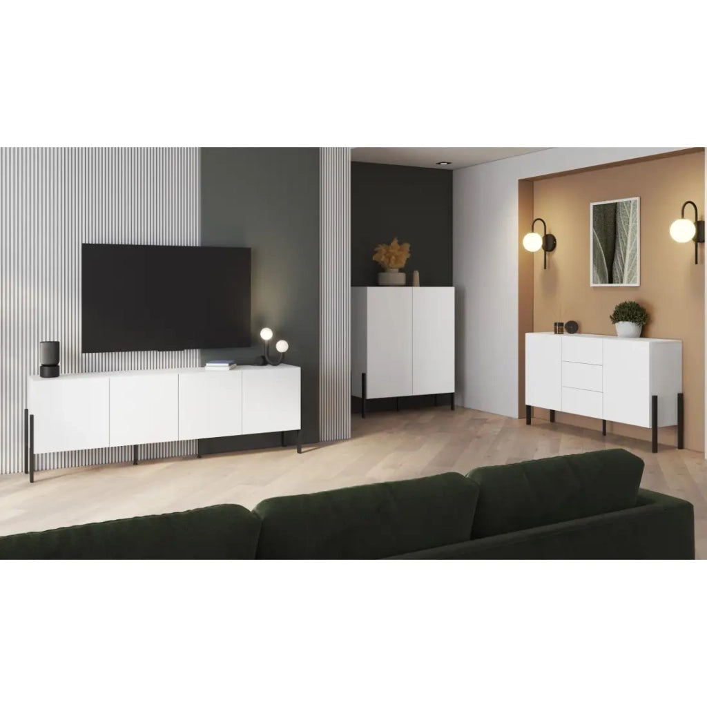 Mobile TV SALMA – 2 porte & 2 cassetti Push-to-Open – Bianco super opaco & nero opaco