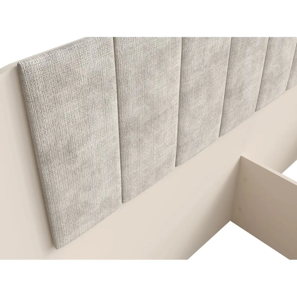 Letto contenitore AMALIE 160x200 cm – Testiera imbottita tessuto beige – Rete inclusa – Materasso non incluso