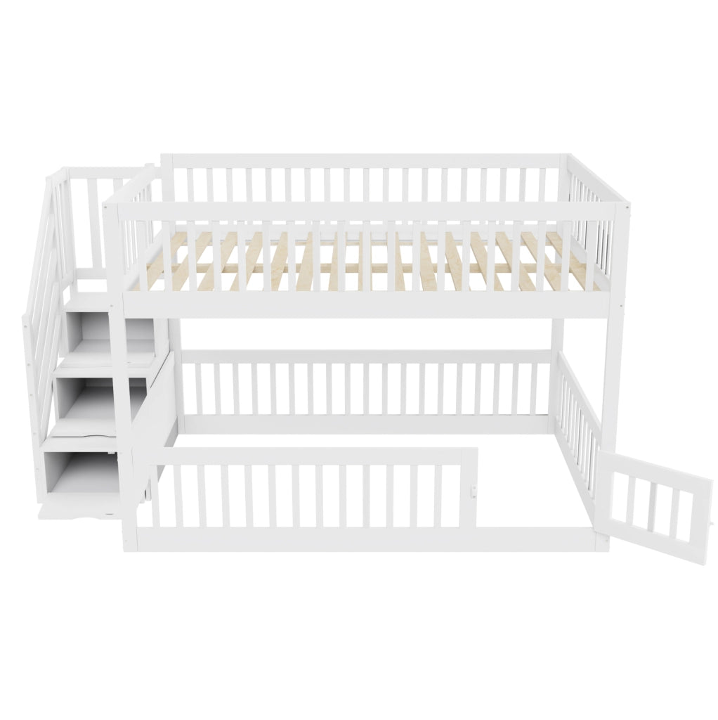Letto a castello 140x200 cm con scala e cassetti in legno bianco