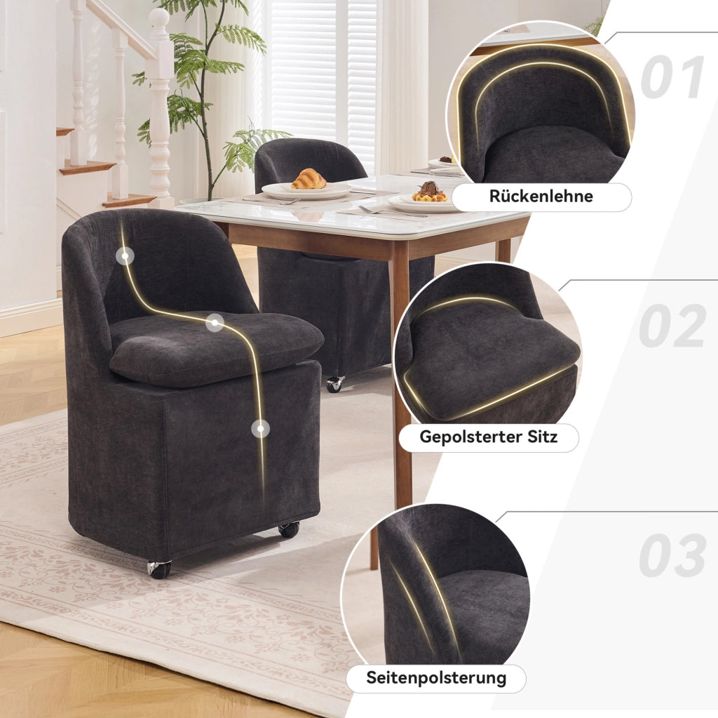 Set 2 sedie da pranzo in ciniglia grigia con ruote 360°