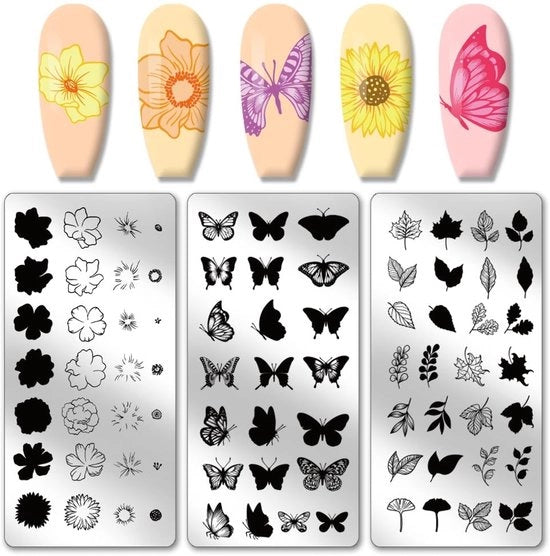 Kit di stampe per unghie 3 pezzi - Articoli per manicure - Foglie/Farfalle - Design per unghie - Kit per stampe sovrapposte - Stampa per unghie