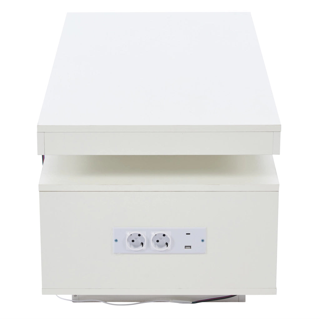 Tavolino da caffè 100x50x43 cm bianco lucido con LED; presa EU; USB e contenitore