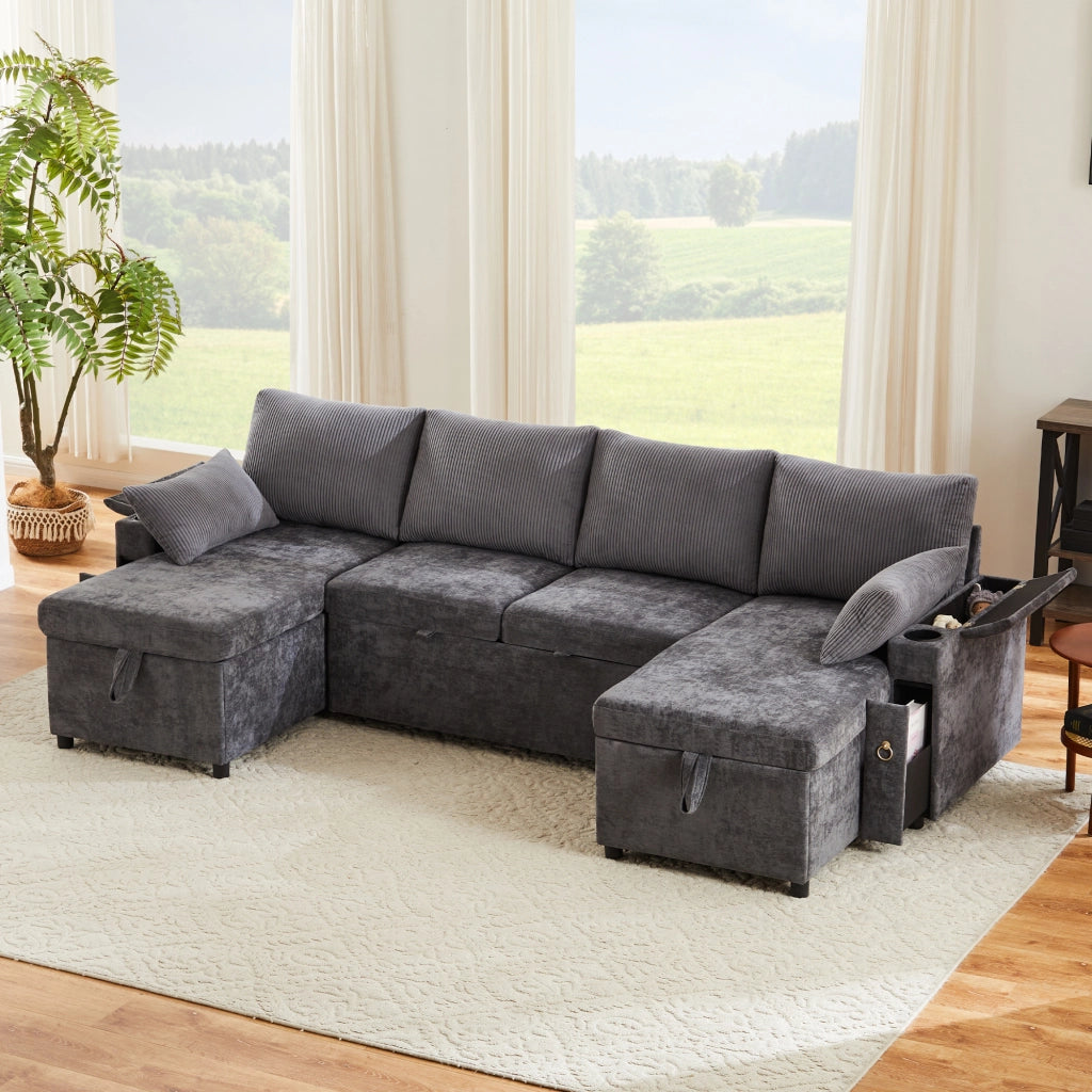 Divano a U convertibile con contenitore e portabicchieri, in ciniglia e velluto a coste grigio 272 × 131 × 84 cm