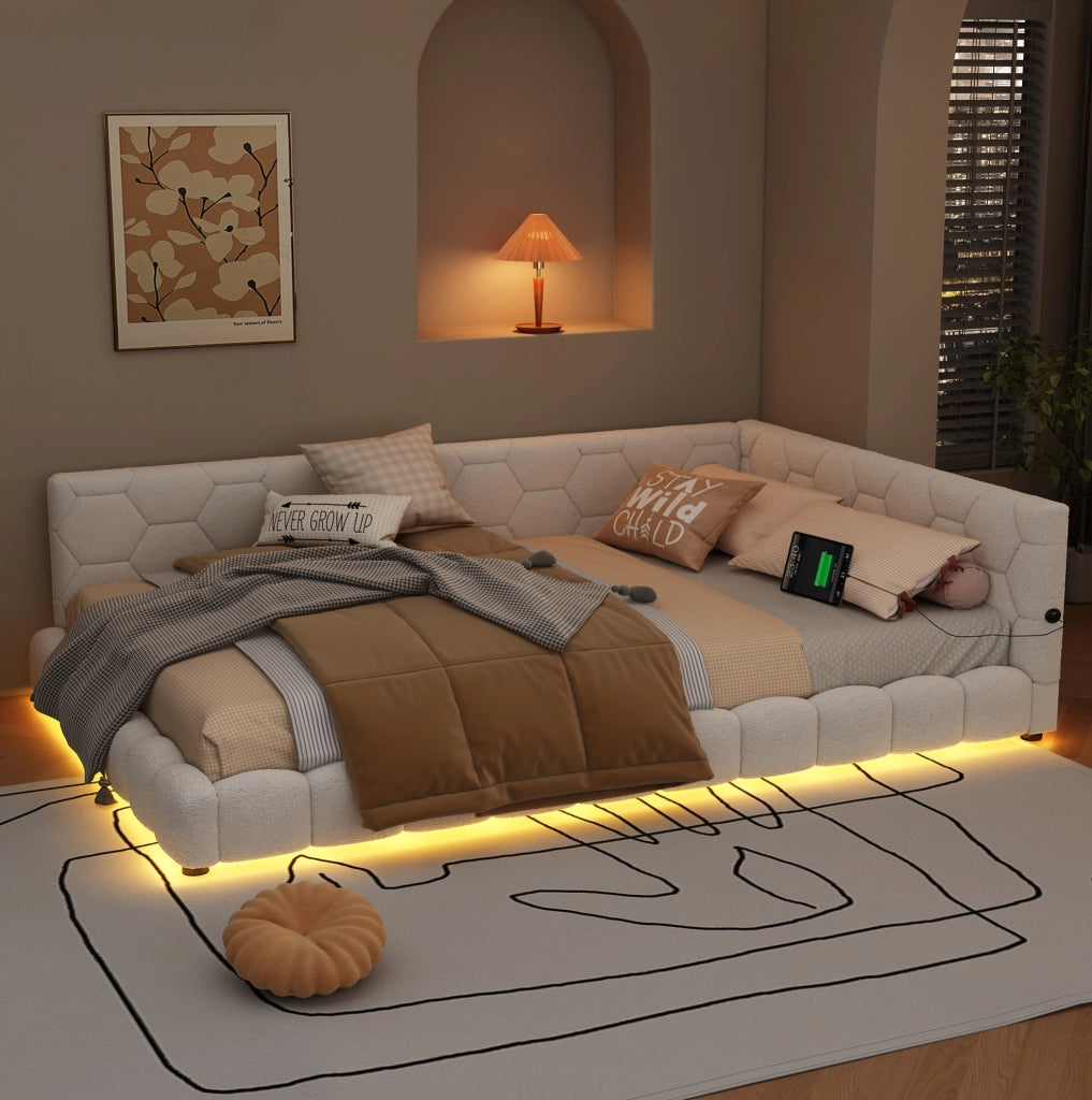 Divano letto 140x200 cm con LED, USB e Type-C bianco