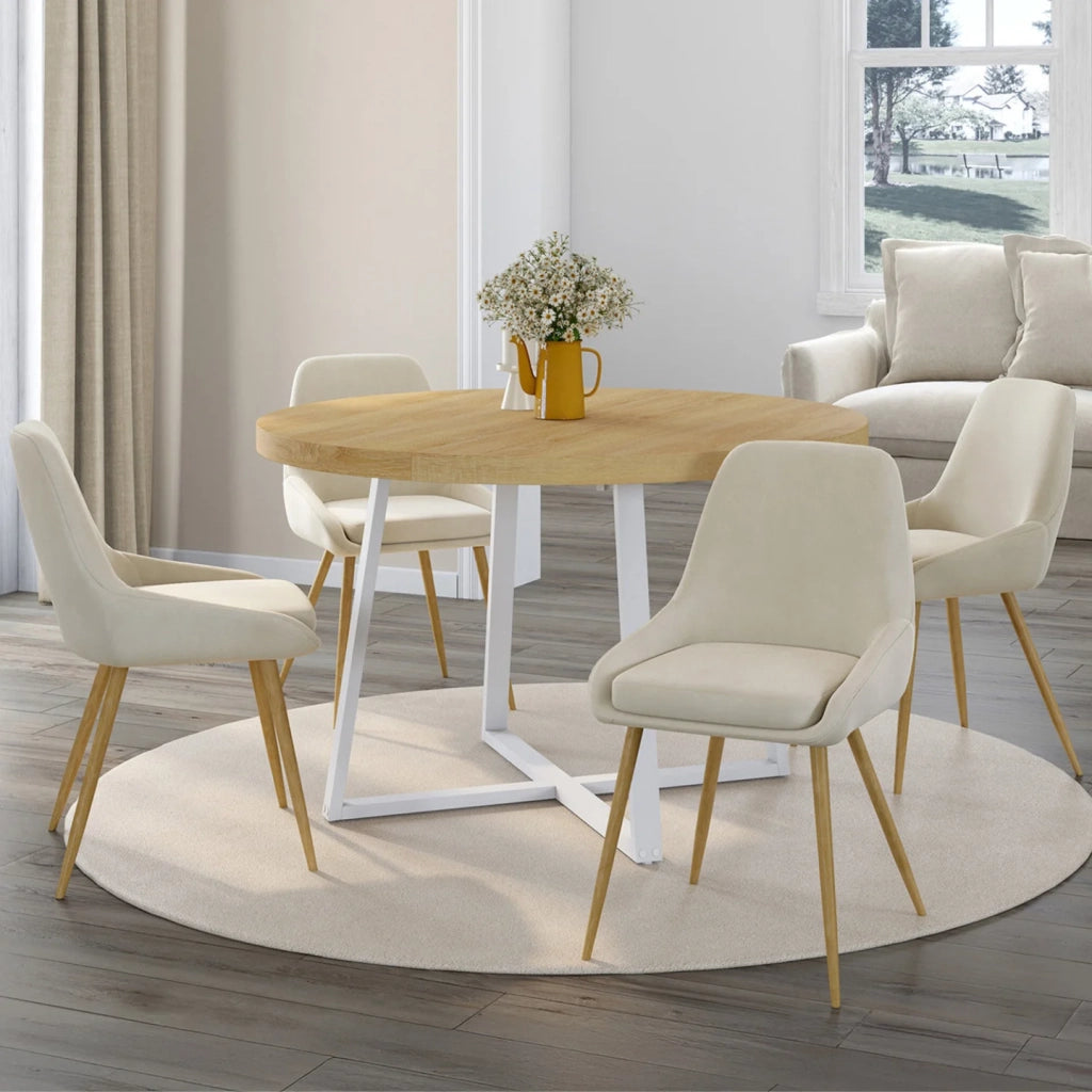 IDMarket - Set di 4 sedie da pranzo THALYA in velluto beige con gambe e braccioli effetto legno