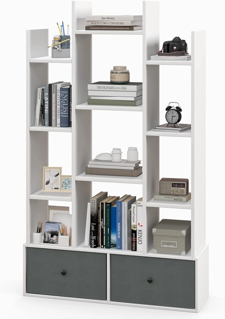 COSTWAY Libreria in Legno a 7 Piani, Scaffale Multifunzionale con 1 Cassetto e 7 Scomparti, Scaffale Espositivo per Soggiorno Studio Ufficio, 53x24x118 cm (Bianco, 1 cassetto)