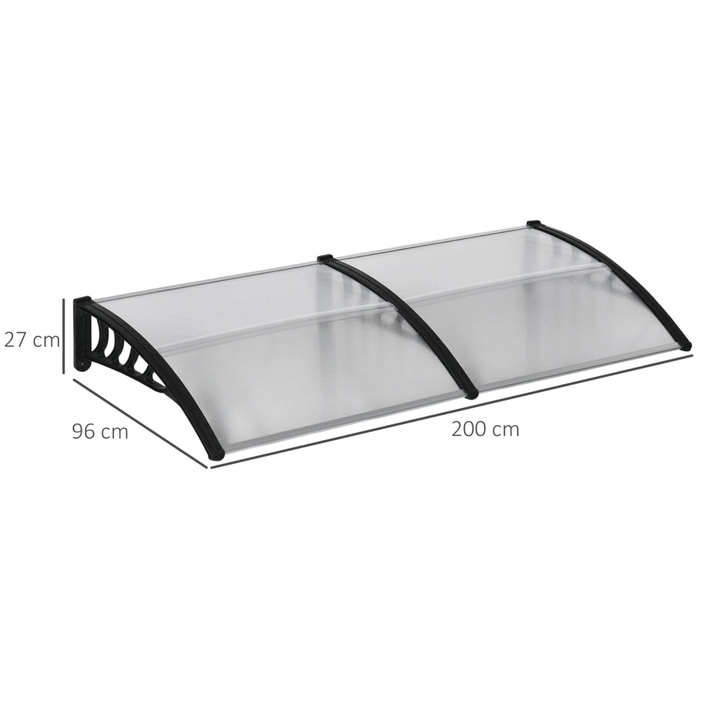 Pensilina Tettoia  200x100x26 cm in Policarbonato e Alluminio Nero e Trasparente