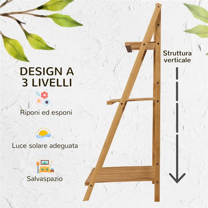 FIORIERA DA ESTERNO A 3 LIVELLI IN BAMBÙ CON DESIGN RIALZATO E PIEGHEVOLE, 98X37X96.5 CM, COLOR LEGNO