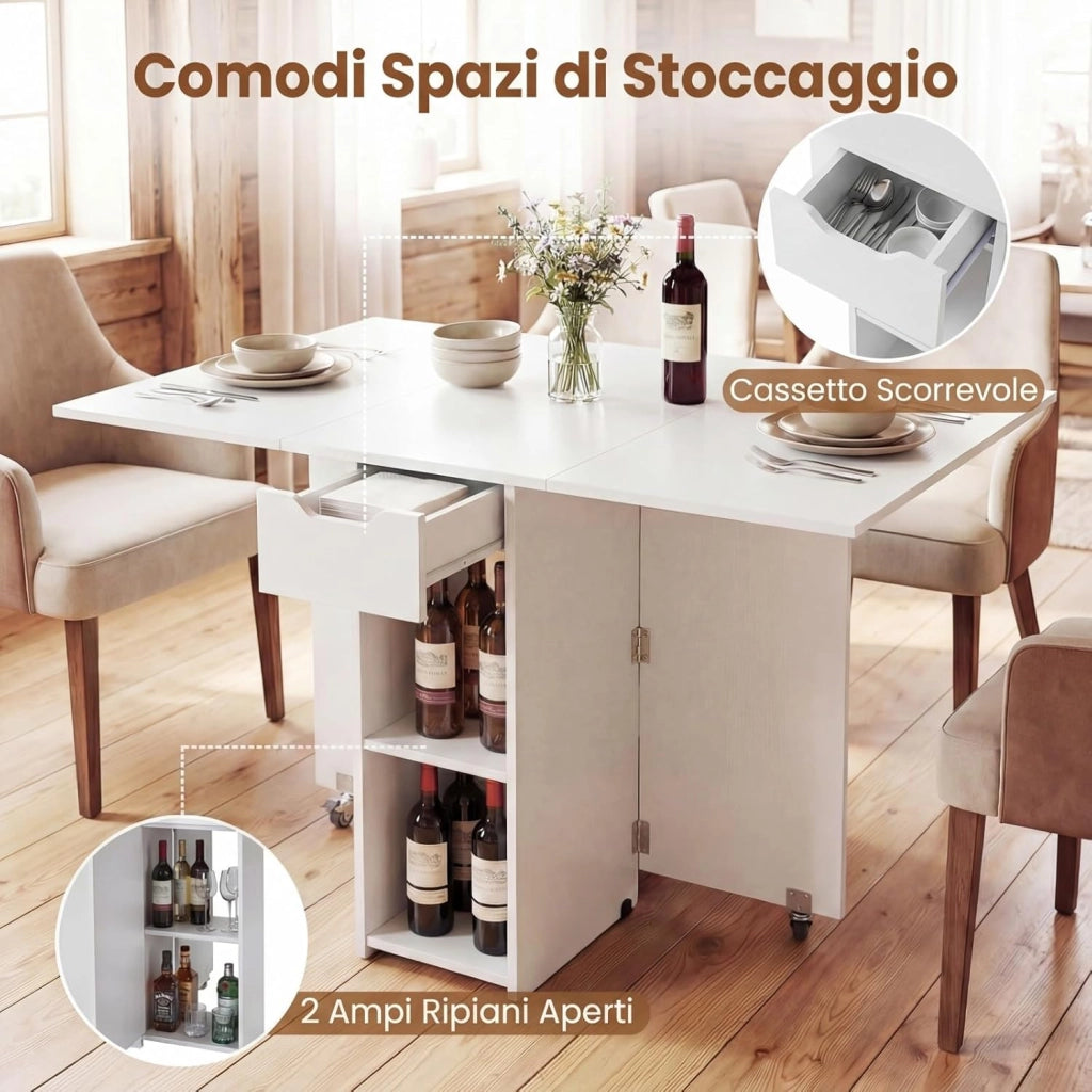 Tavolo da Pranzo Pieghevole, Tavolo Salvaspazio per 4-6 Persone con 2 Ripiani, Cassetto e Ruote a Freno, Tavolino Cucina per Cucina, Soggiorno e Ufficio, 120 x 72 x 75 cm (Bianco)