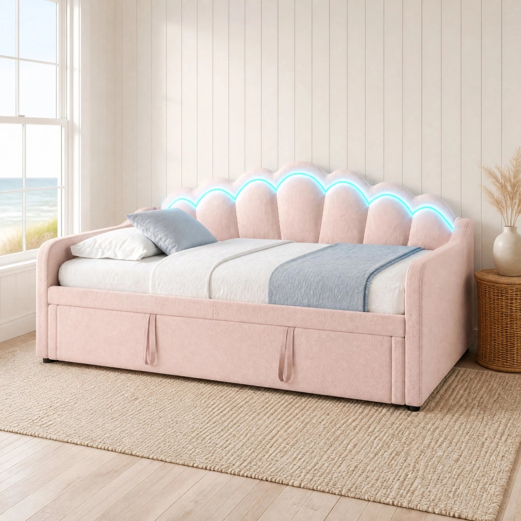 Letto estraibile 90 × 200 cm con secondo letto, LED regolabili, senza materasso, in velluto rosa