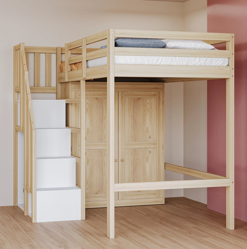 Letto a soppalco 90x200 cm in legno colore naturale con armadio e scala con spazio contenitivo