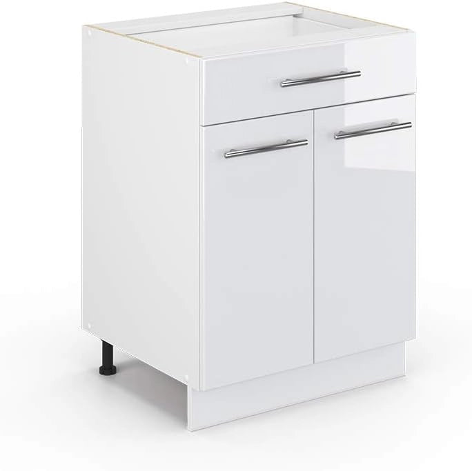 Cassettiera da bagno Fame-Line, Bianco lucido, 60 x 82 cm con cassetto, senza piano di lavoro, per la conservazione di articoli da bagno e prodotti per la pulizia