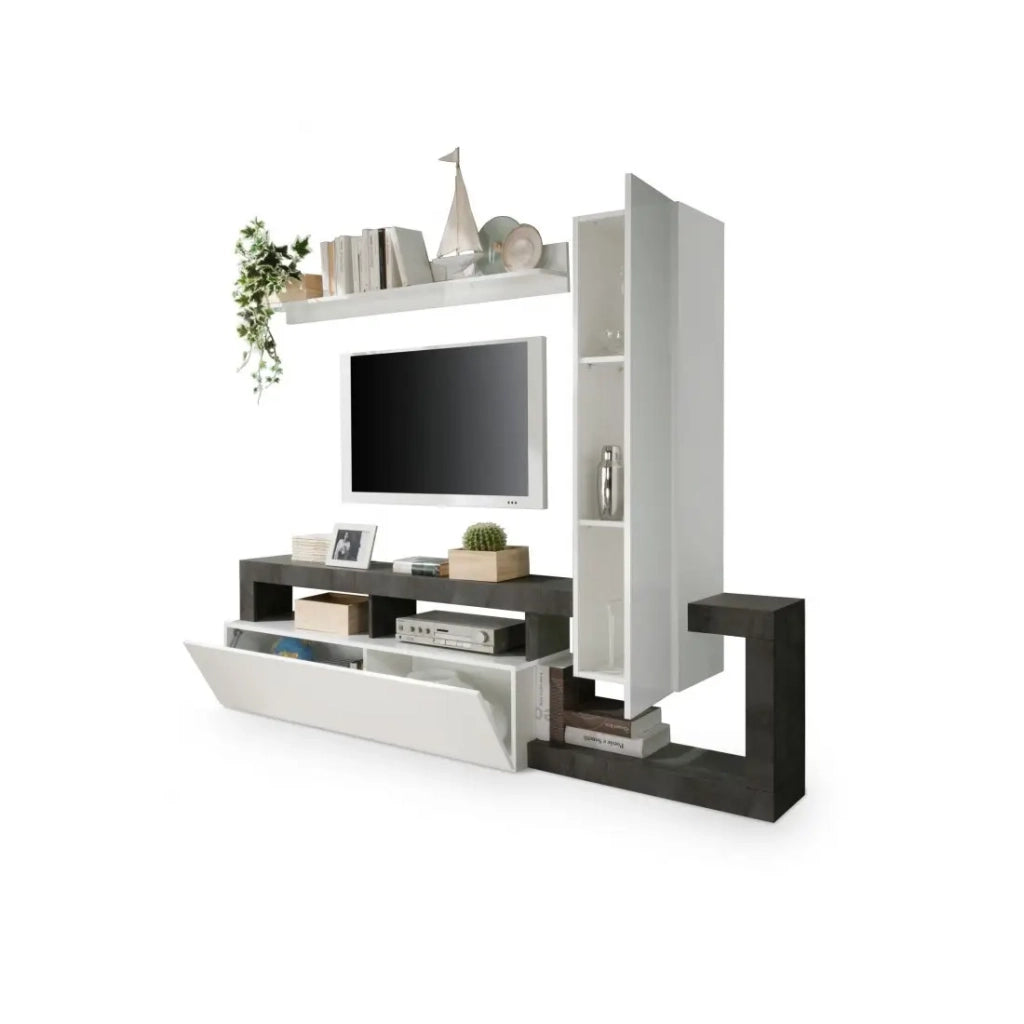 Set di mobili da soggiorno con contenitori 220 cm, collezione BURA, bianco lucido/grigio antracite