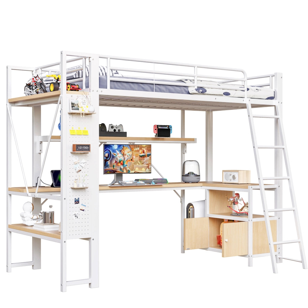 Letto a soppalco 90x200 cm con scrivania, LED e spazi contenitivi