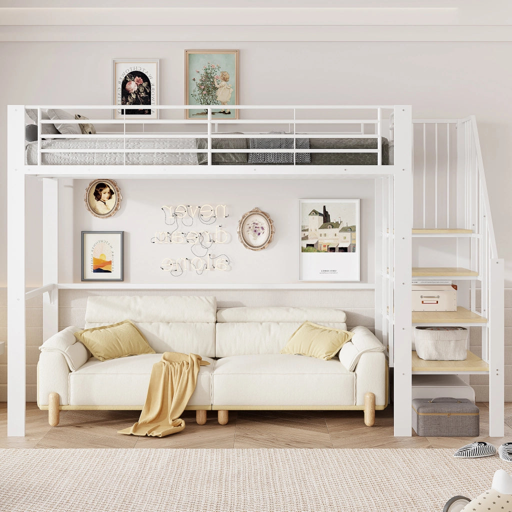 DESMIU Letto a soppalco letto singolo 90 × 200 cm 1 posto con scala e vano contenitore, senza materasso, bianco