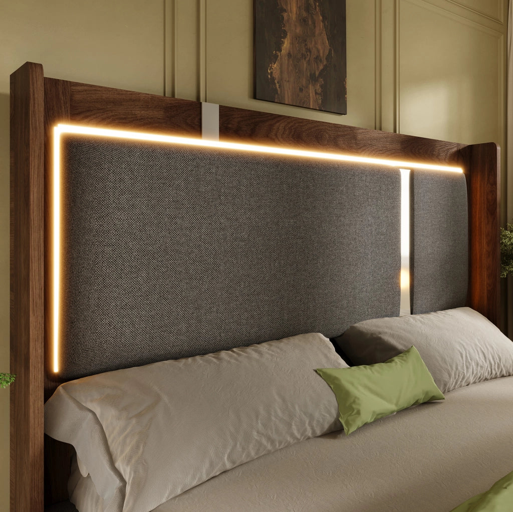 Letto 180x200 cm con contenitore idraulico e LED, in lino, legno e metallo grigio e noce