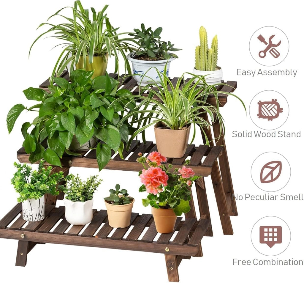 GIANTEX Scaffale per Piante, Espositore a Scala per Fiori a 3 Ripiani in Legno, Design Staccabile Durevole per Giardino/Balcone/Cortile (70x25x53cm)
