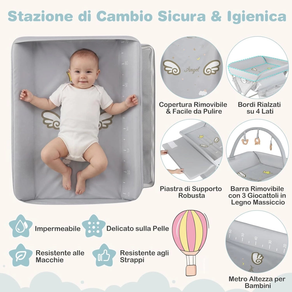 Fasciatoio Pieghevole per Bambini, Fasciatoio Portatile con Ruote, Altezza Regolabile, Piattaforma Rimovibile, con Barra Giocattoli, Stendino, Misuratore, Cestini, Portata 25 kg
